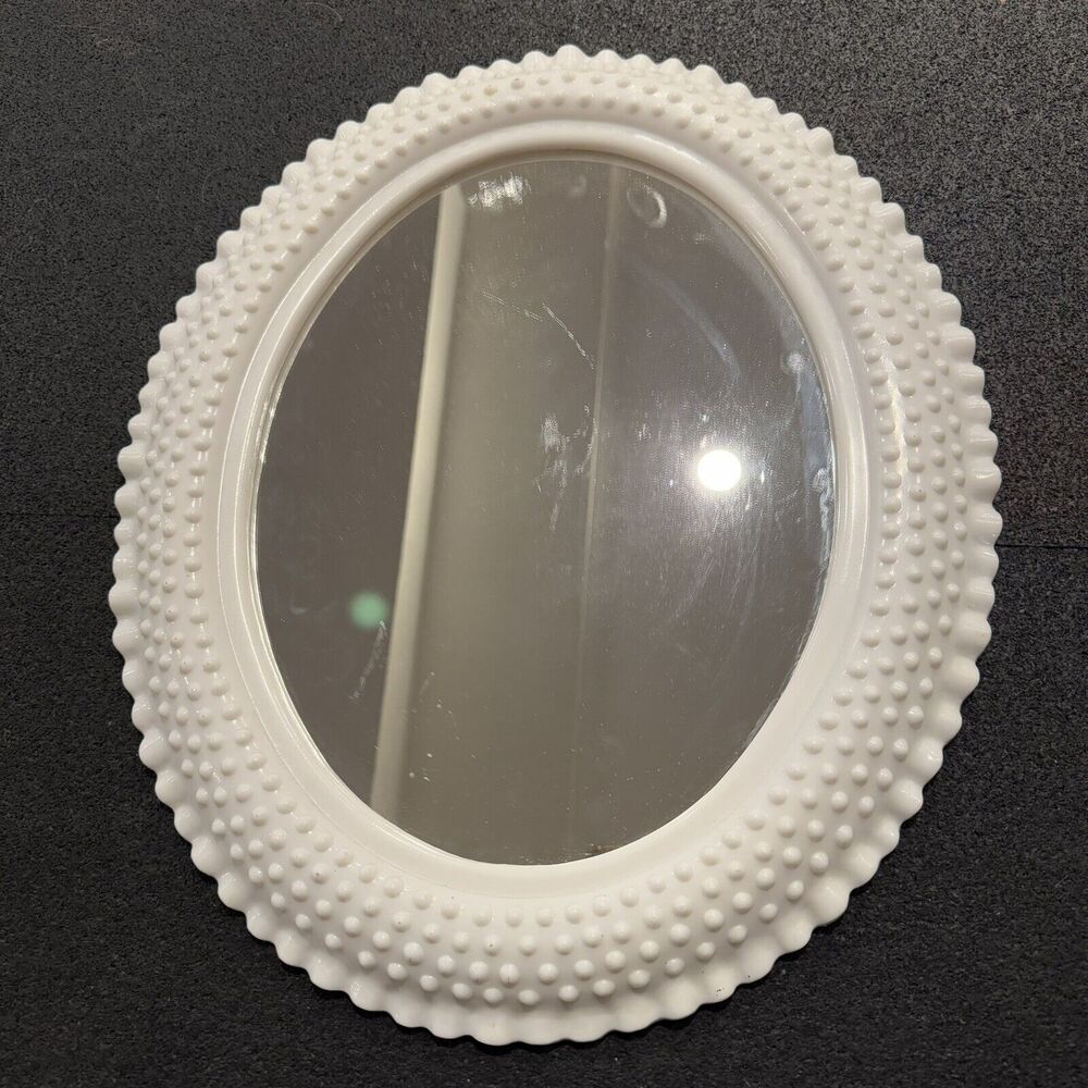 Vintage Ruffled Edge Hobnail Burwood Oval Mirror USA White #2657 Faux Milk Glass